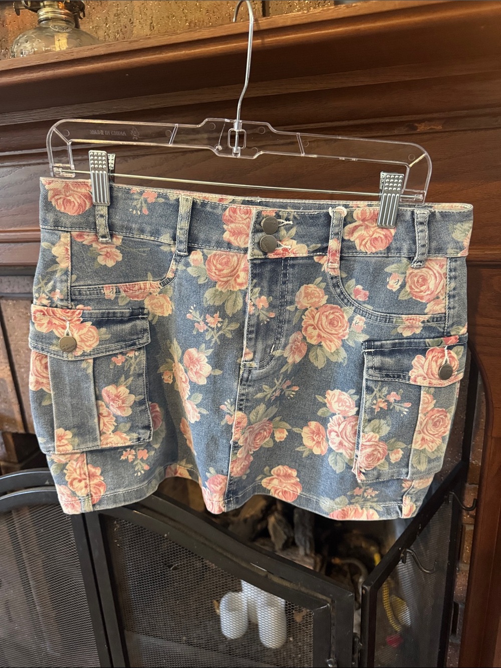 Floral Denim Cargo Mini Skirt - Pink Rose Print